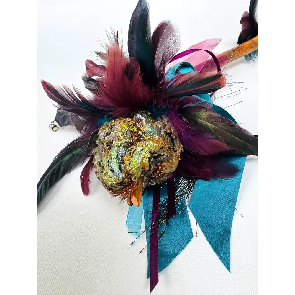 Handmade Feather Wand Ritual Staff Woodland Folk Art Sculpture